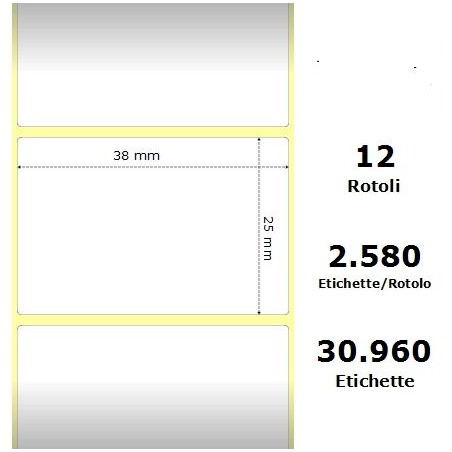 White 38x25mm, 2580 Et/Rotolo Z-1000D,1.5x1x1 Core ,12 Rolls