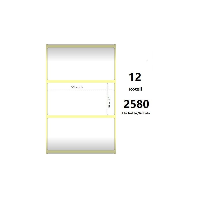 White 51x25mm, 2580 Et/Rotolo Z-2000D, 2x1x1 Core, 12 Rolls