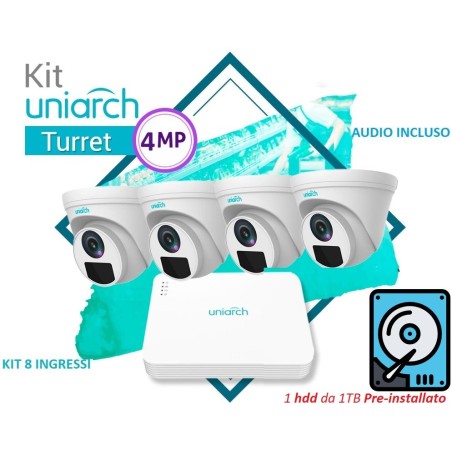 KIT UNIARCH 8 Canali PoE con 1 HDD installato,  4 Turret 4MP