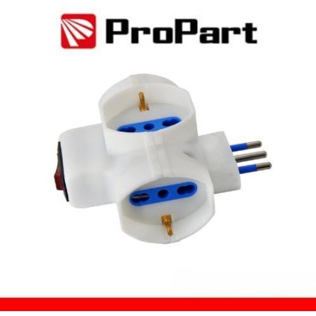 Adattatore 3 prese 2P+T 10/16A bipasso/Schuko con interrutt. Spina 10A