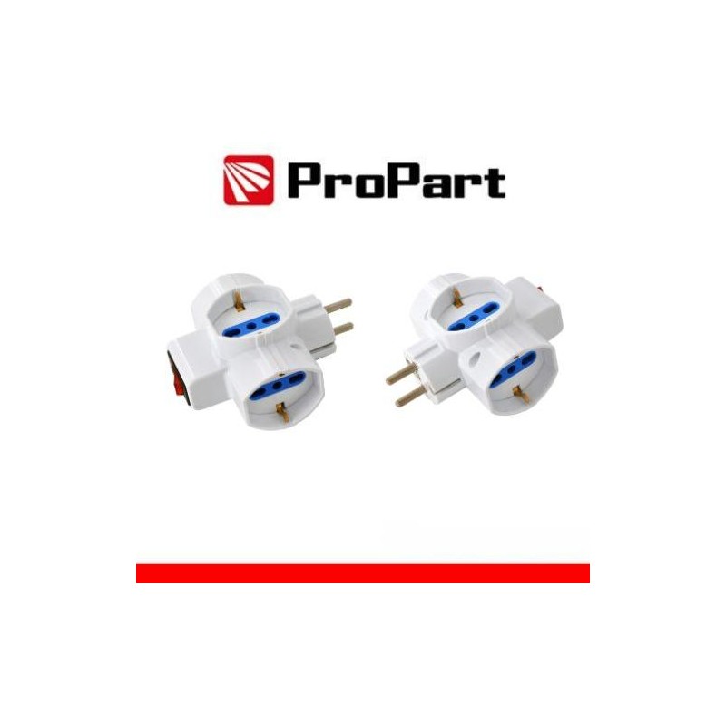 Adattatore 3 prese 2P+T 10/16A bipasso/Schuko con interrutt. Spina Schuko