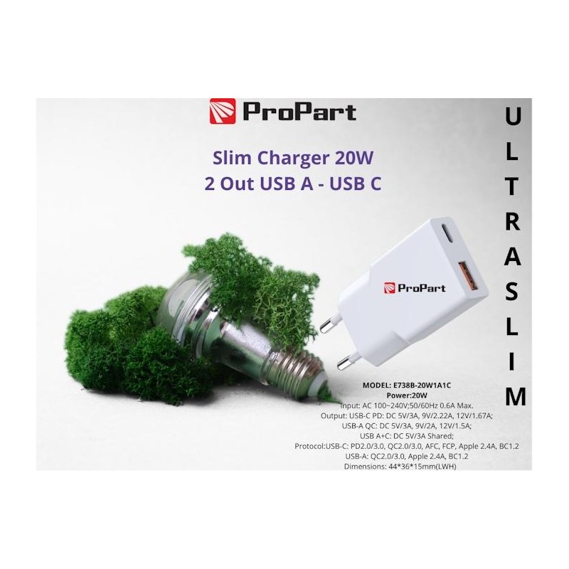 Slim Carica Batterie 20W 2 Out USB A - USB C