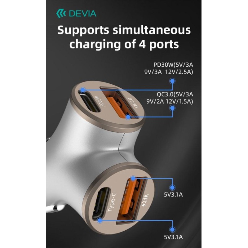 Caricatore rapido da auto con 2 out Usb A e 2 Out Tipo-C 48 Watt