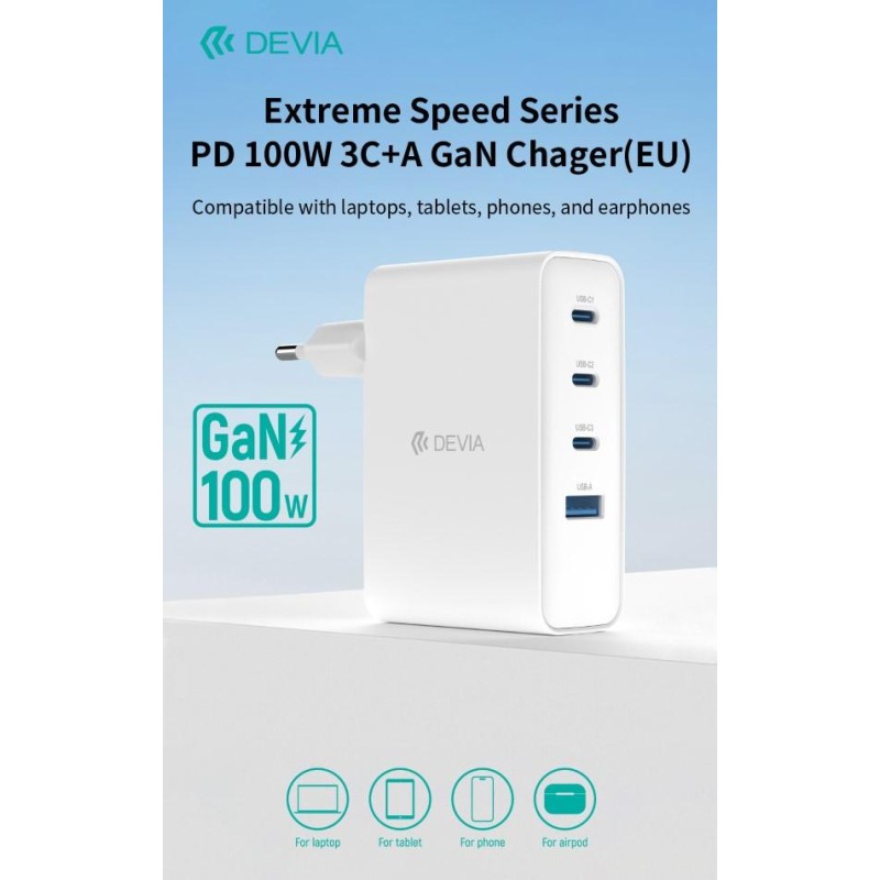 Carica batterie PD da 100 Watt GaN 3 uscite Tipo-C e una Usb A