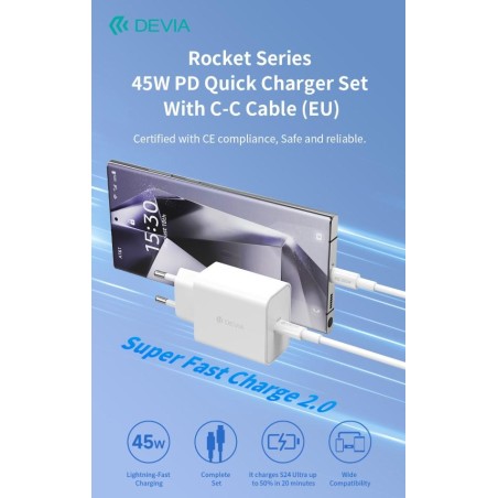 Carica Batterie PD 45 Watt con cavo da C a C per carica rapida bianco