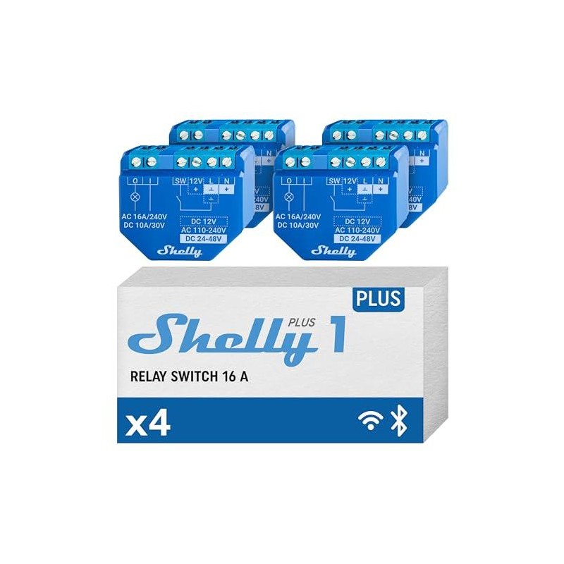 Shelly Plus 1 (4 pack-4 pezzi) - Smart Relay contatto pulito 16A AC/DC WiFi/BT