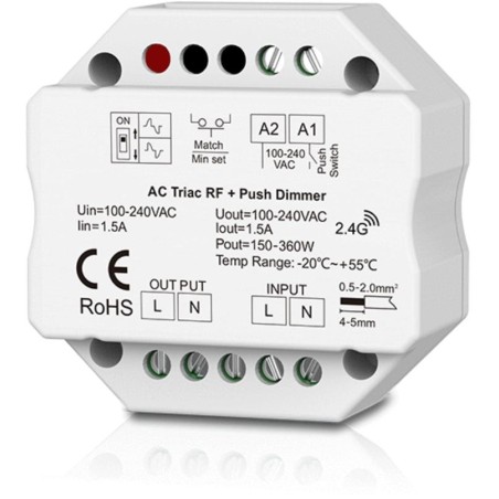 Dimmer LED 1 Canale RF 2.4G + Push 230V – Taglio di Fase Leading/Trailing